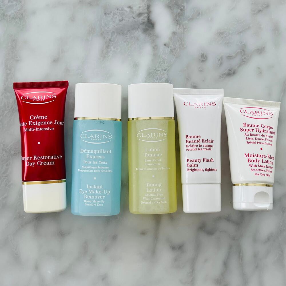 Clarins 5pc Set Travel Toner Day Cream Make-up Remover Body Lotion Beauty Flash
